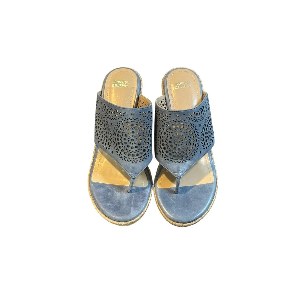 Johnston & Murphy Wedge Sandals Womens 8‎ Blue Laser Cut Espadrille Thong Mules